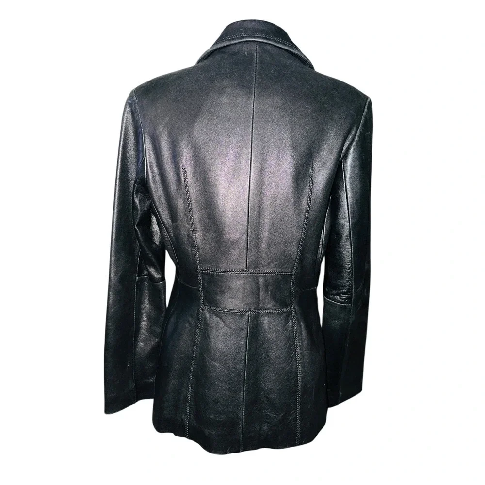 Avanti New York Black Leather Blazer Jacket Whipstitch 3 Button Womens M A6
